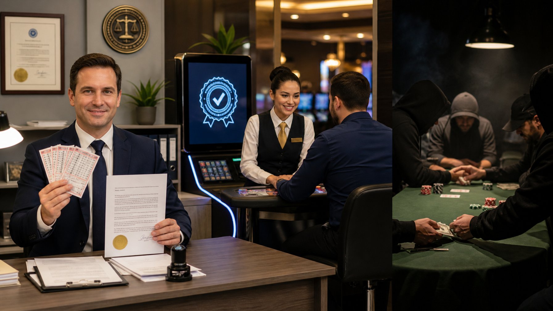 Tiga area berbeda yang menunjukkan lotere legal dengan tiket resmi, permainan berlisensi dengan mesin game dan staf, serta praktik perjudian ilegal dengan meja judi tersembunyi dan pemain anonim.