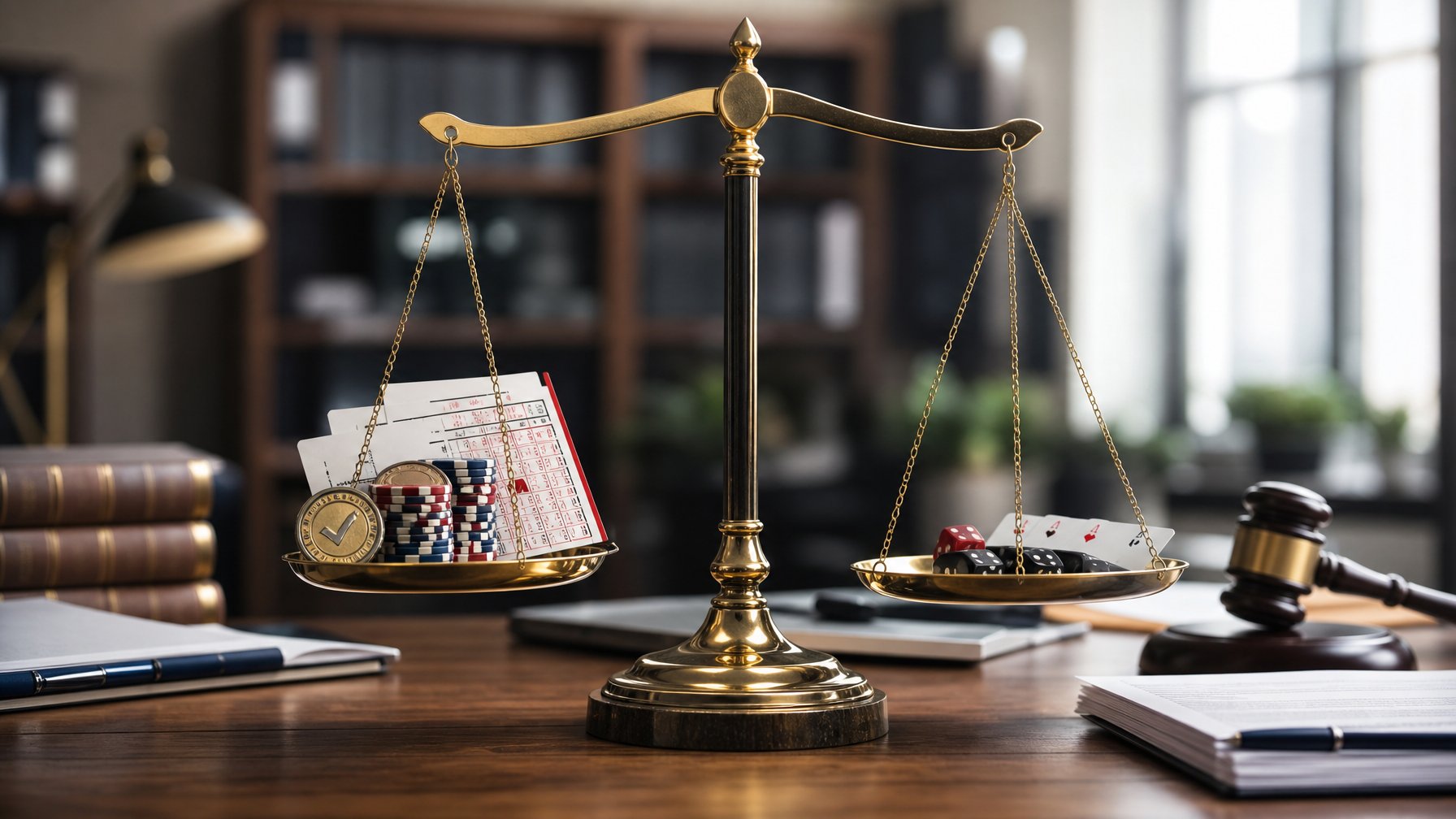 Timbangan keadilan di atas meja dengan dokumen hukum dan simbol permainan judi legal dan ilegal di sekitarnya.