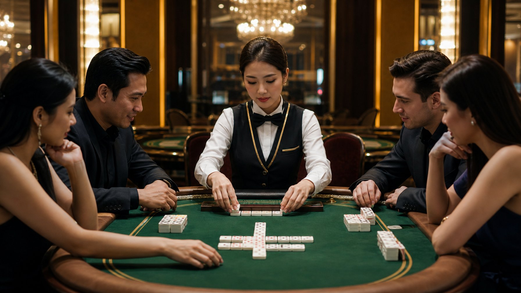 Seorang dealer dan beberapa pemain duduk di meja kasino dengan domino, fokus bermain Ceme VIP.