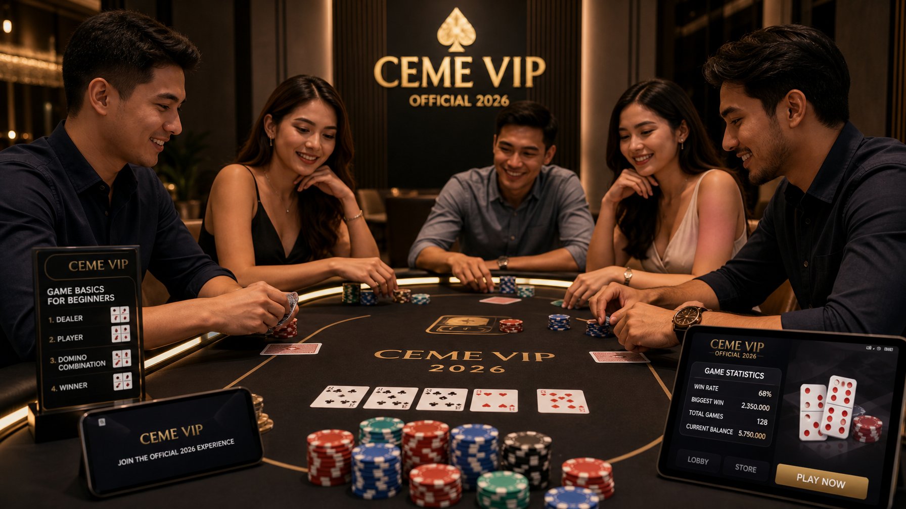 Meja permainan dengan kartu dan chip poker, dikelilingi oleh beberapa orang yang sedang bermain dan fokus pada permainan Ceme VIP.