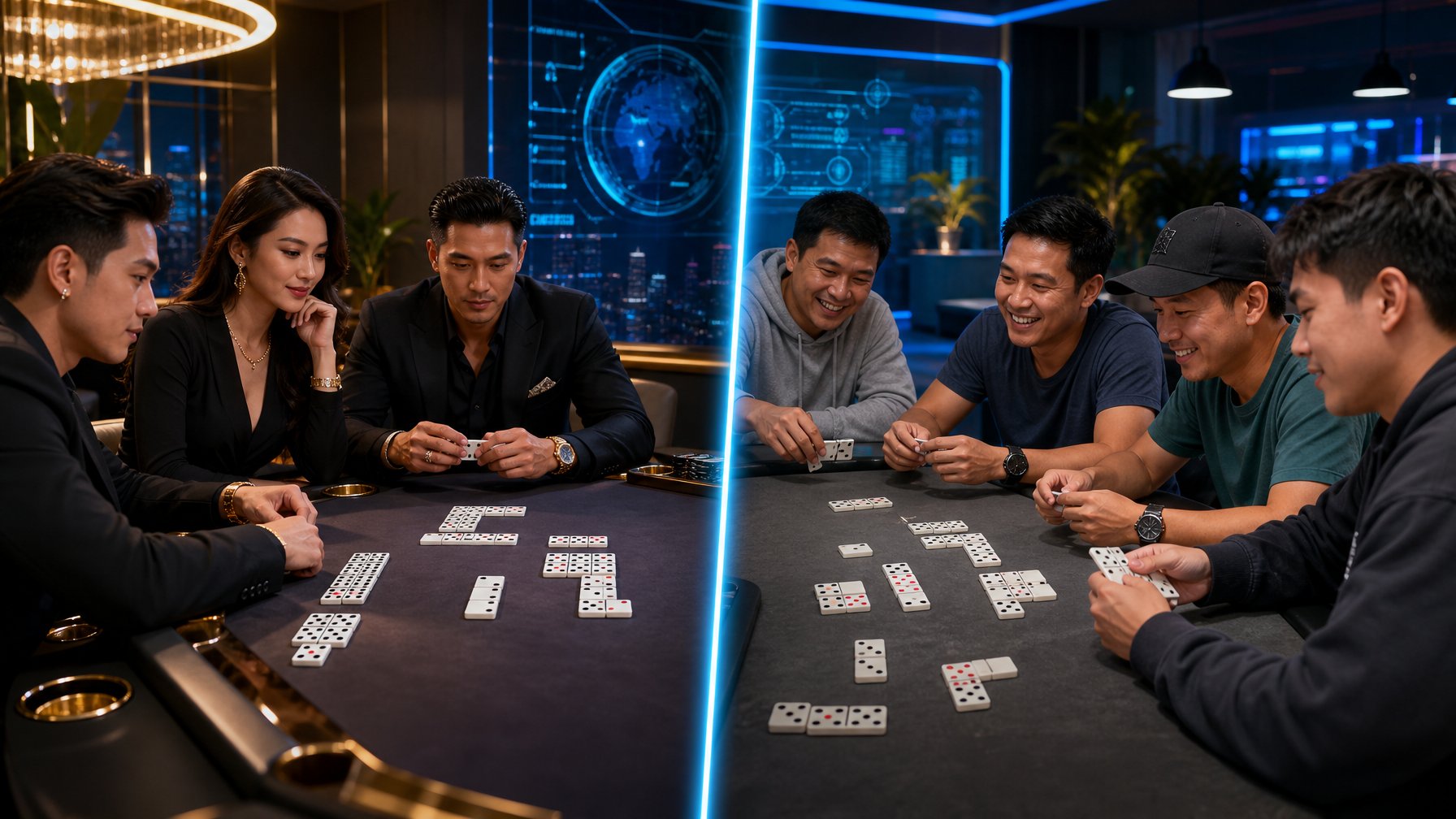 Dua kelompok pemain kartu domino sedang bermain di meja yang sama, satu kelompok berpakaian mewah dan satu kelompok berpakaian kasual, menunjukkan perbedaan antara Ceme VIP dan Ceme Biasa.