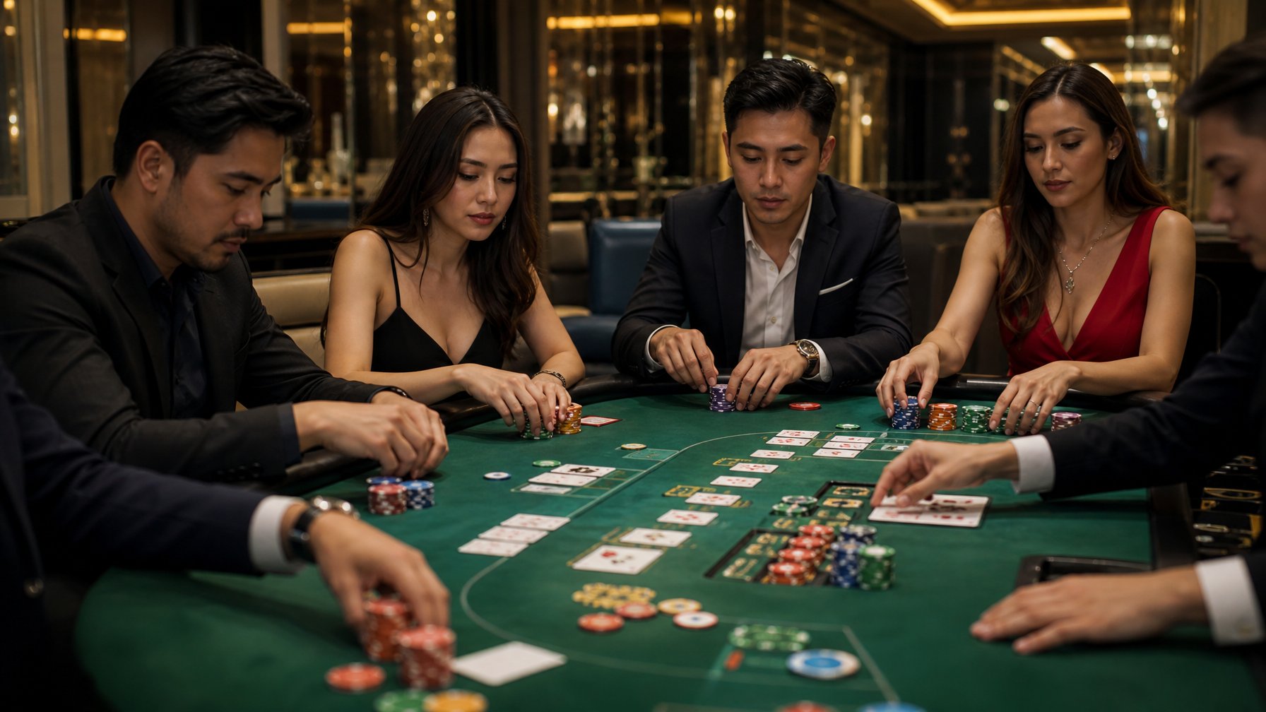Meja kasino dengan kartu dan chip poker, tangan pemain sedang bermain Ceme VIP.