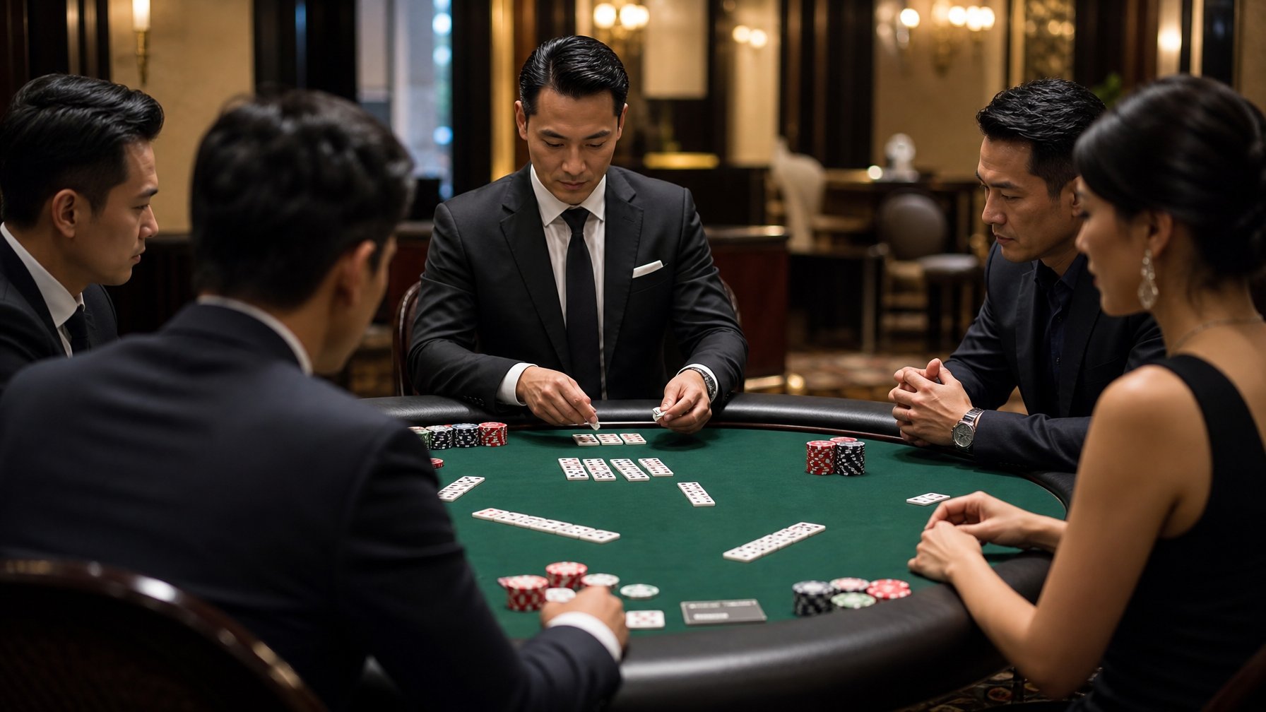 Seorang dealer profesional membagikan kartu domino di meja hijau dengan beberapa pemain yang fokus di sekelilingnya dalam suasana kasino yang elegan.