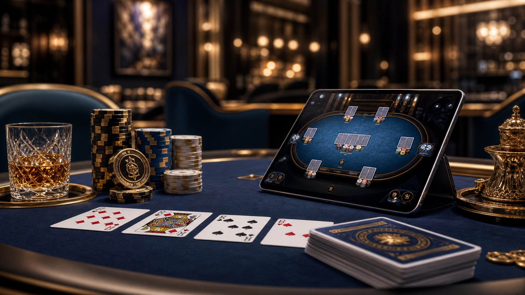 Meja permainan kartu dengan chip poker, kartu yang tersusun rapi, dan perangkat digital di latar belakang suasana kasino yang mewah.