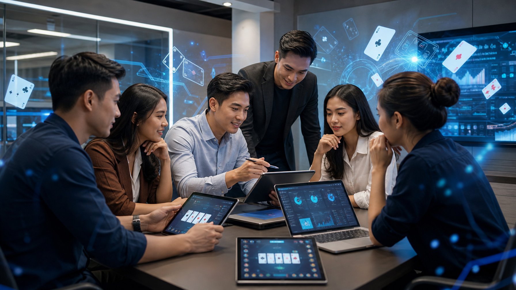 Sekelompok orang muda sedang berdiskusi serius di meja kantor dengan perangkat digital yang menampilkan simbol permainan kartu.