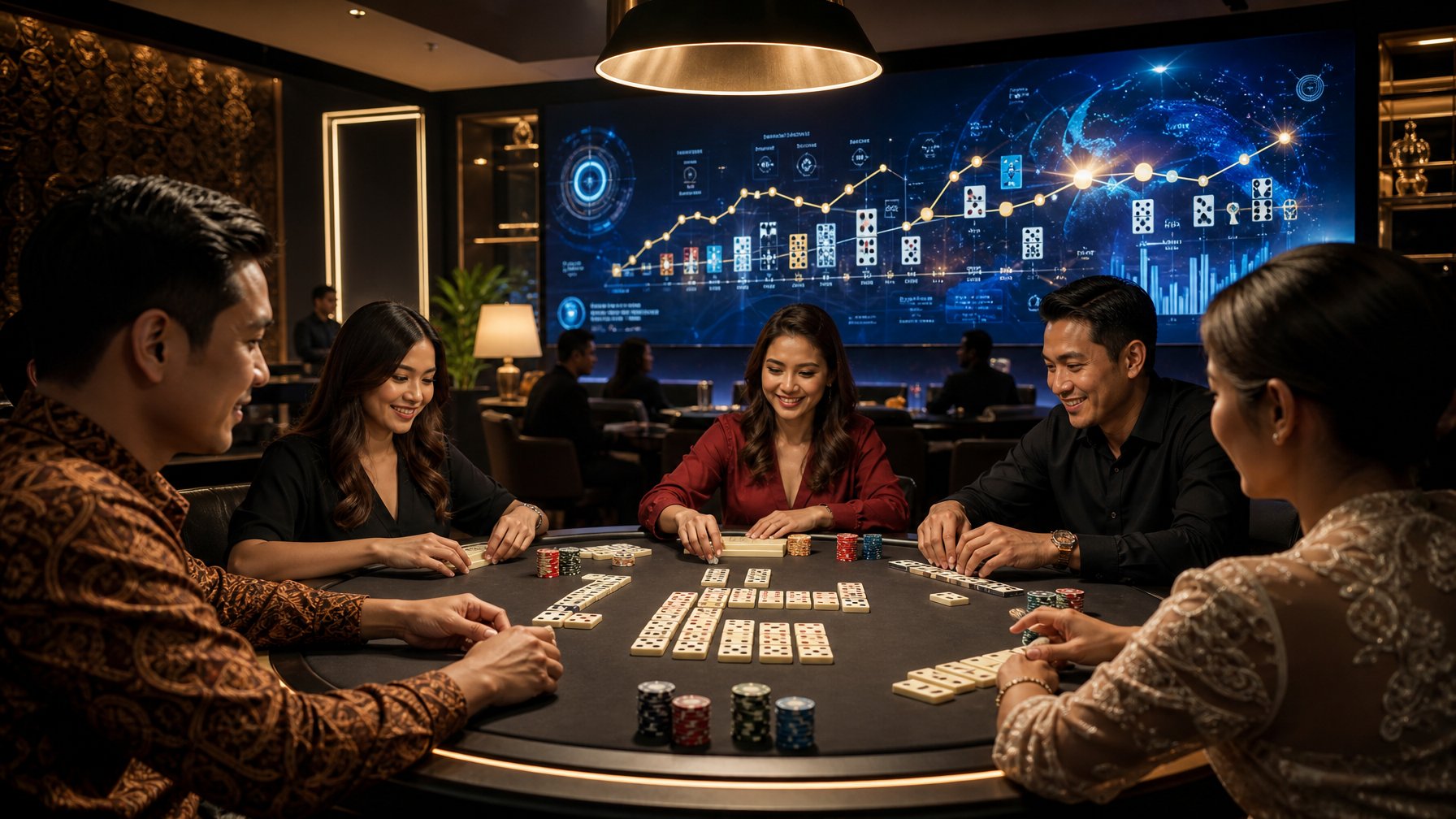 Beberapa orang sedang bermain permainan Ceme VIP di meja permainan modern dengan ubin domino dan chip, dikelilingi layar digital yang menampilkan grafik dan garis waktu perkembangan permainan.