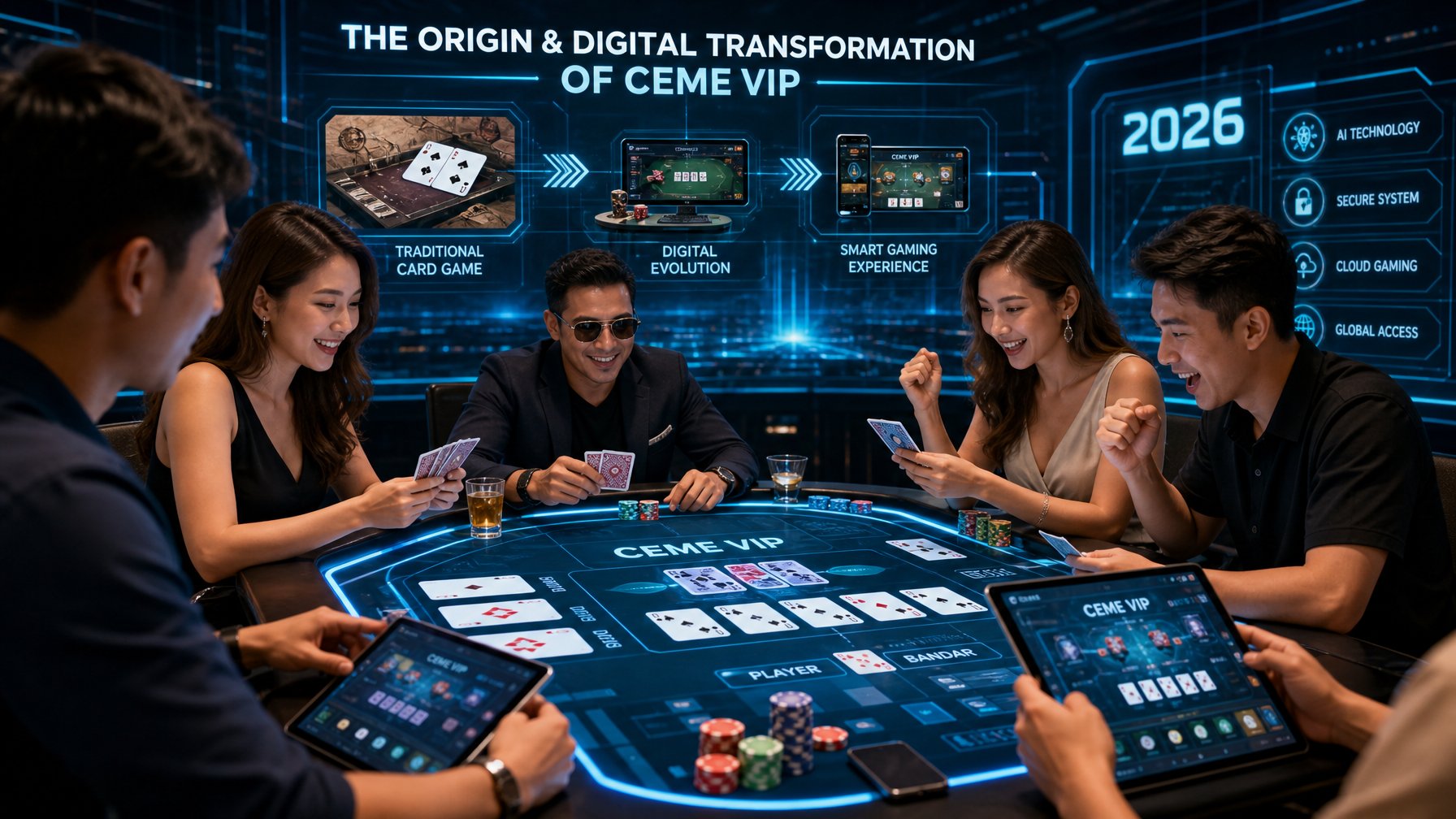 Beberapa orang bermain permainan kartu Ceme VIP dengan perangkat digital di meja permainan yang modern dan futuristik.