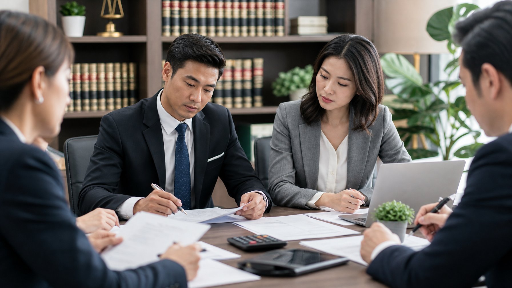 Sekelompok profesional sedang berdiskusi di ruang kantor dengan dokumen dan laptop di meja, membahas faktor penting sebelum mengikuti permainan angka berhadiah.