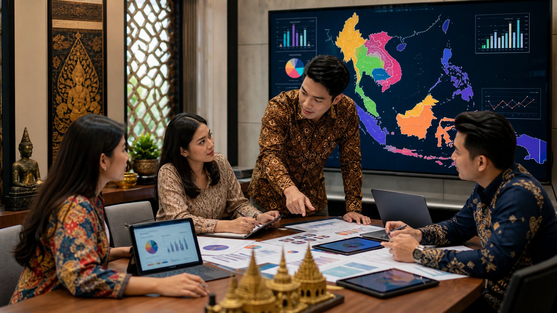 Sekelompok profesional Asia Tenggara berdiskusi di ruang kantor dengan peta digital Asia Tenggara dan grafik di layar besar.
