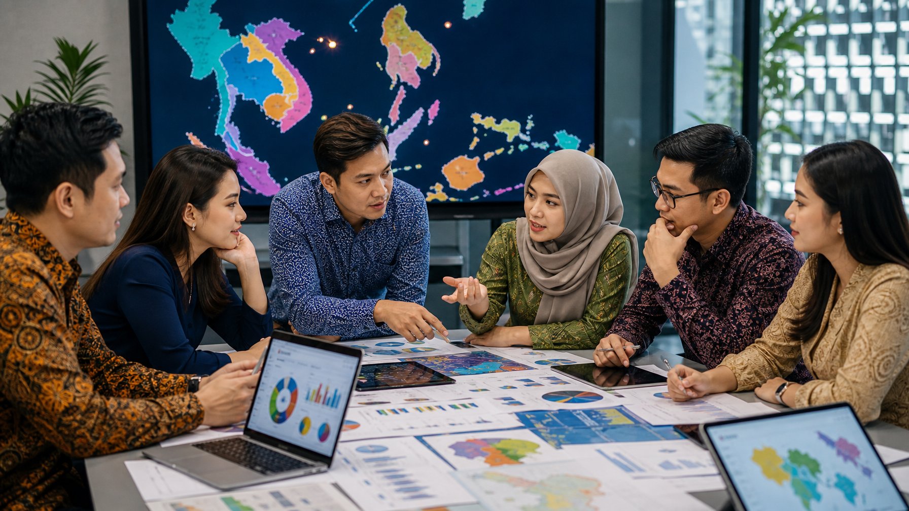 Sekelompok orang Asia Tenggara sedang berdiskusi di meja dengan dokumen dan perangkat digital di ruang kantor modern.
