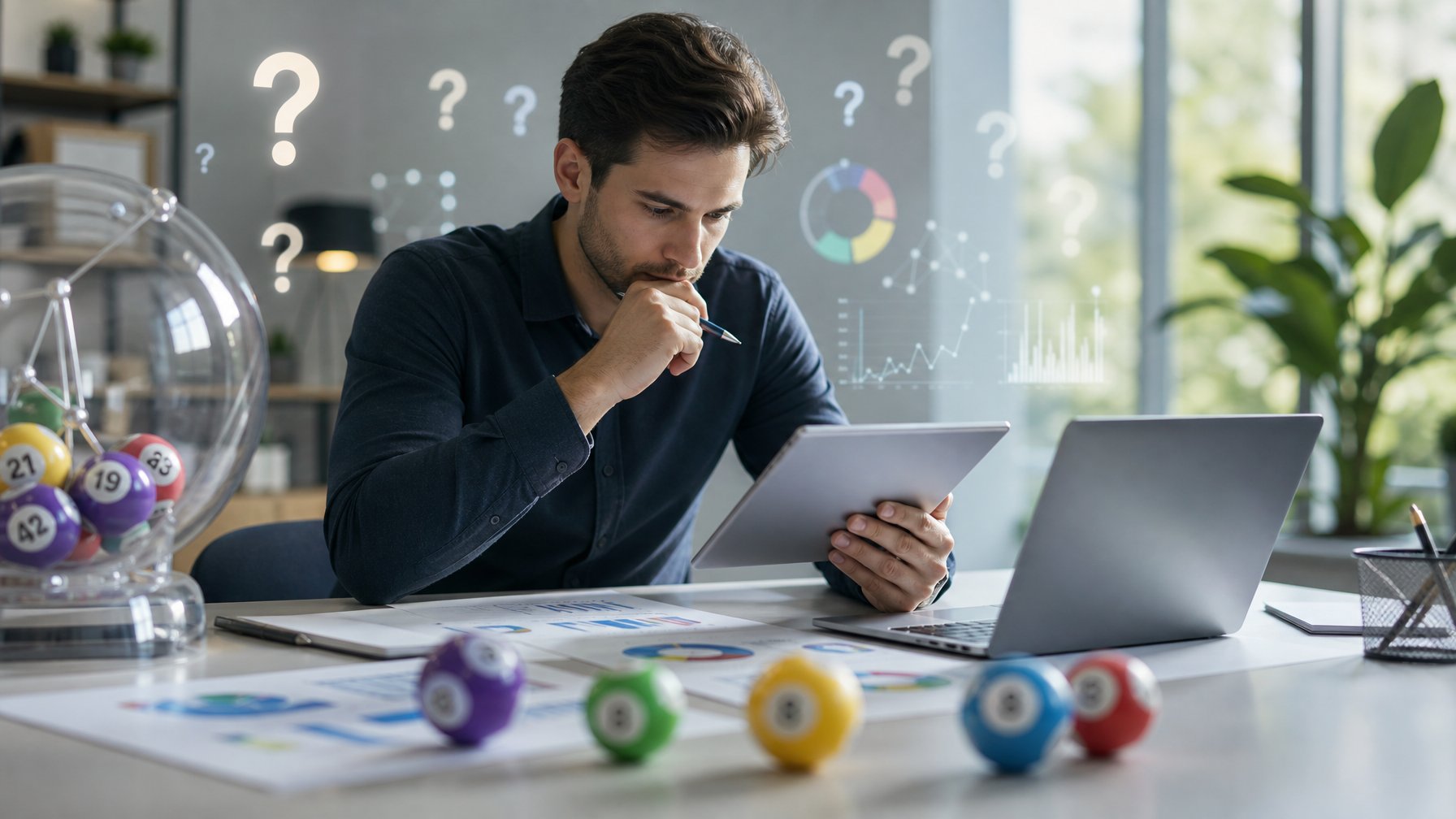 Seseorang duduk di meja kerja dengan laptop dan tablet, sedang menganalisis angka dan grafik yang berkaitan dengan permainan togel.