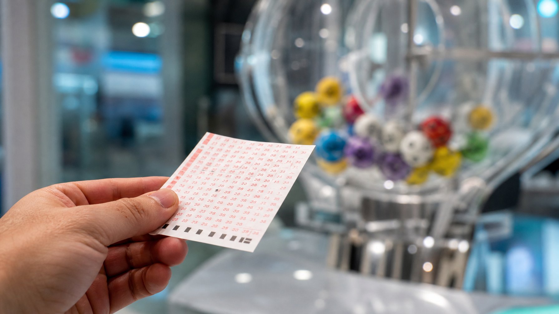 Tangan seseorang memegang tiket lotere dengan mesin pengocok bola bernomor di latar belakang.