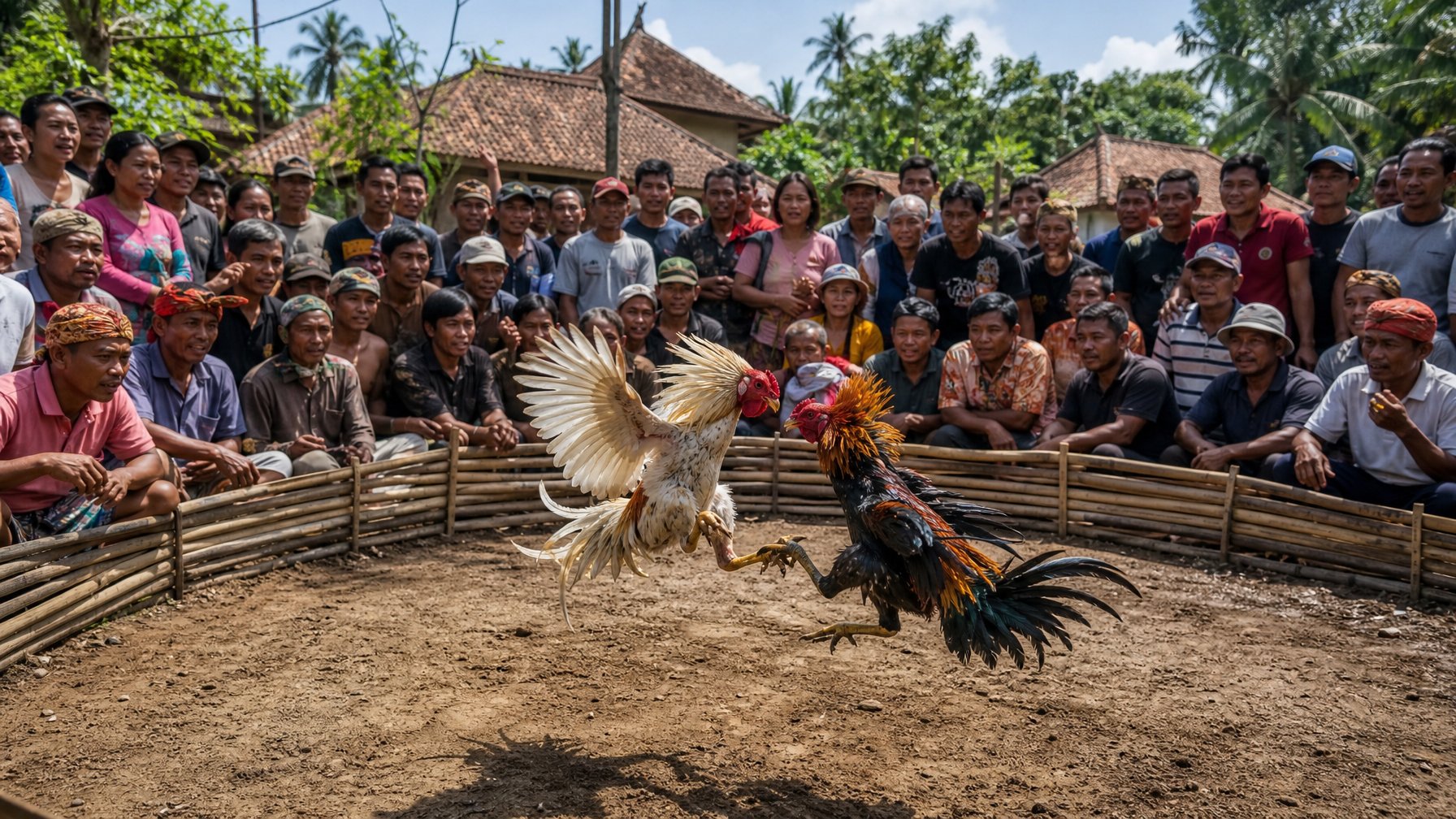 Orang-orang berkumpul di arena terbuka menonton pertarungan ayam jago tradisional di Indonesia.