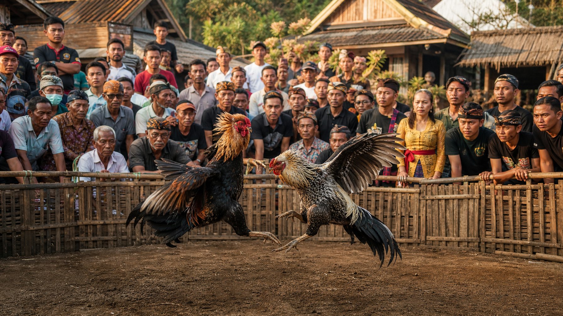 Dua ayam aduan sedang bertarung di dalam kandang kayu dengan orang-orang Indonesia yang menonton di sekitar sebuah desa.