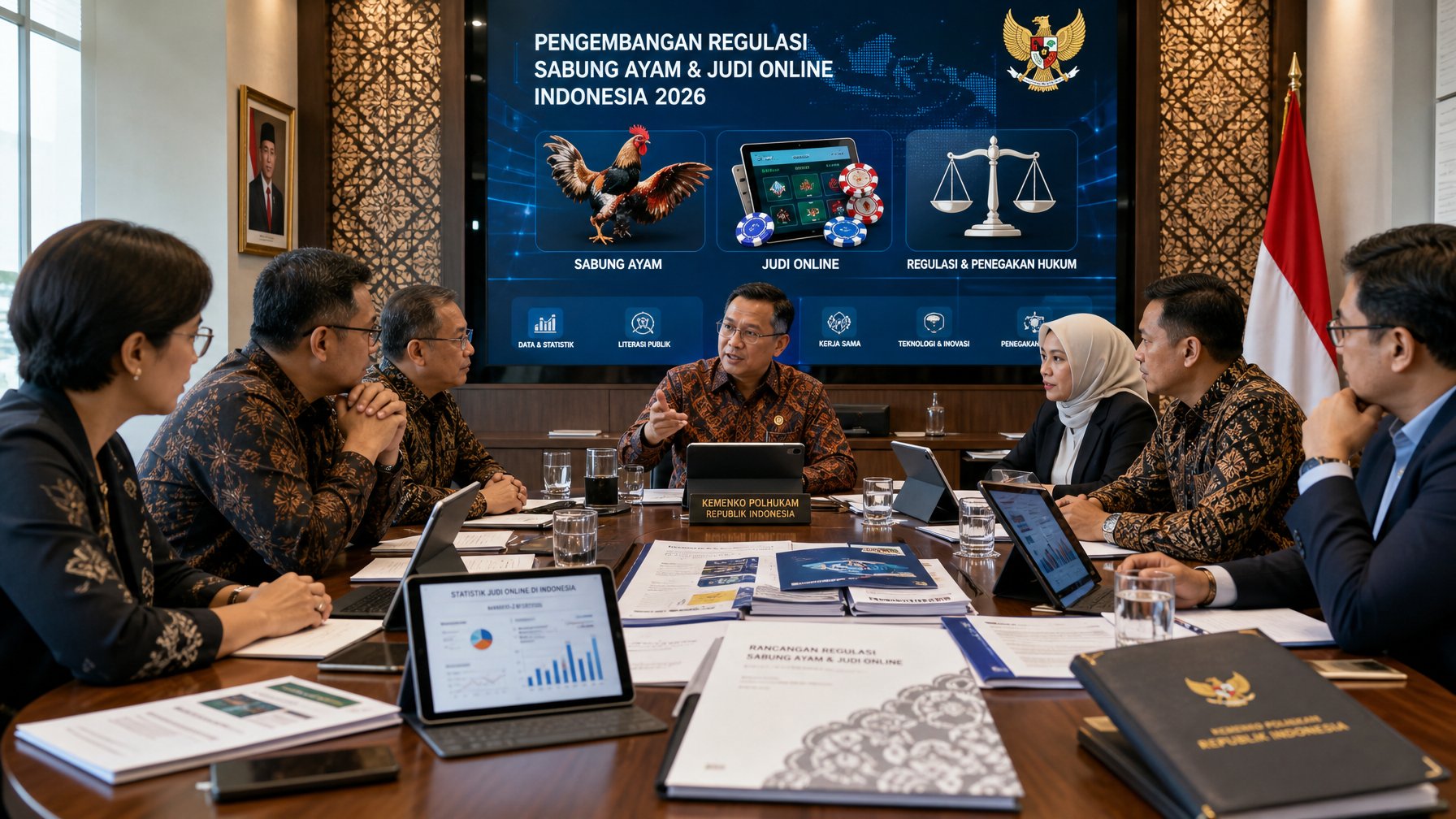 Sekelompok pejabat dan ahli Indonesia sedang berdiskusi serius di ruang rapat modern tentang regulasi sabung ayam dan perjudian online.