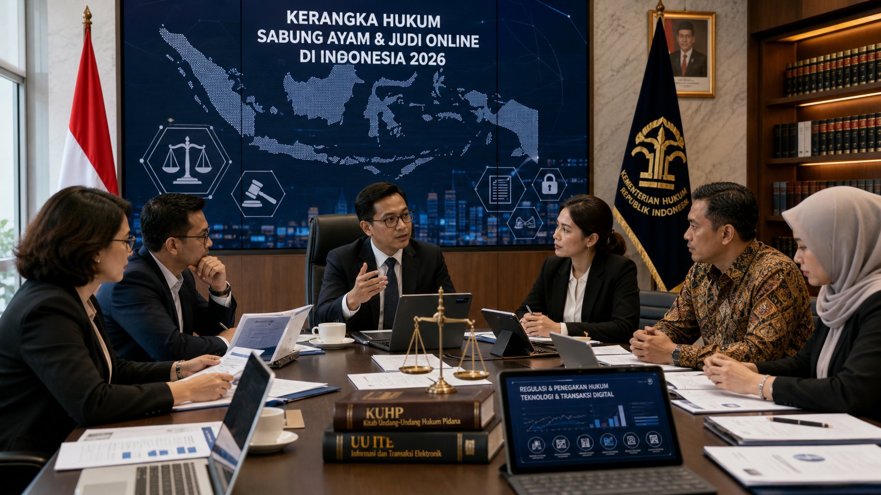 Sekelompok profesional sedang berdiskusi serius di ruang rapat kantor pemerintah dengan dokumen dan perangkat digital, latar belakang menampilkan peta Indonesia dan ikon hukum.