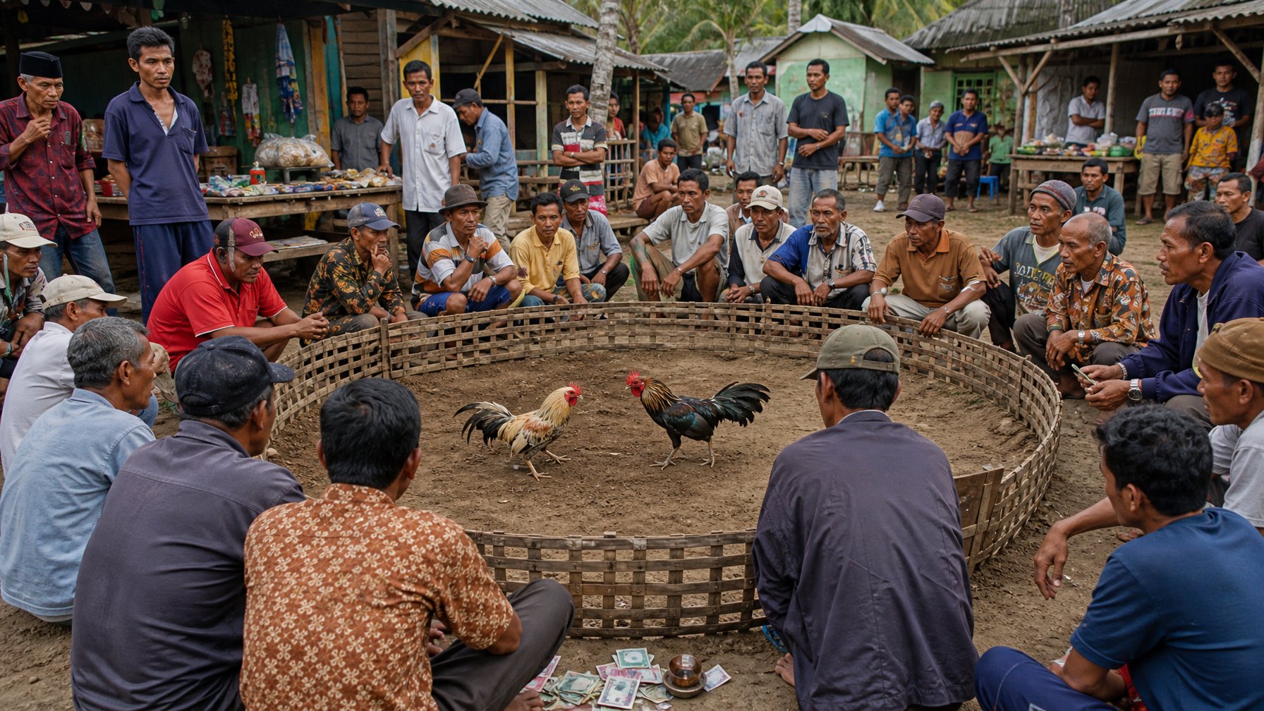 Sekelompok pria di desa Indonesia sedang menonton pertandingan sabung ayam di arena tradisional, dengan latar belakang rumah dan pasar kecil.