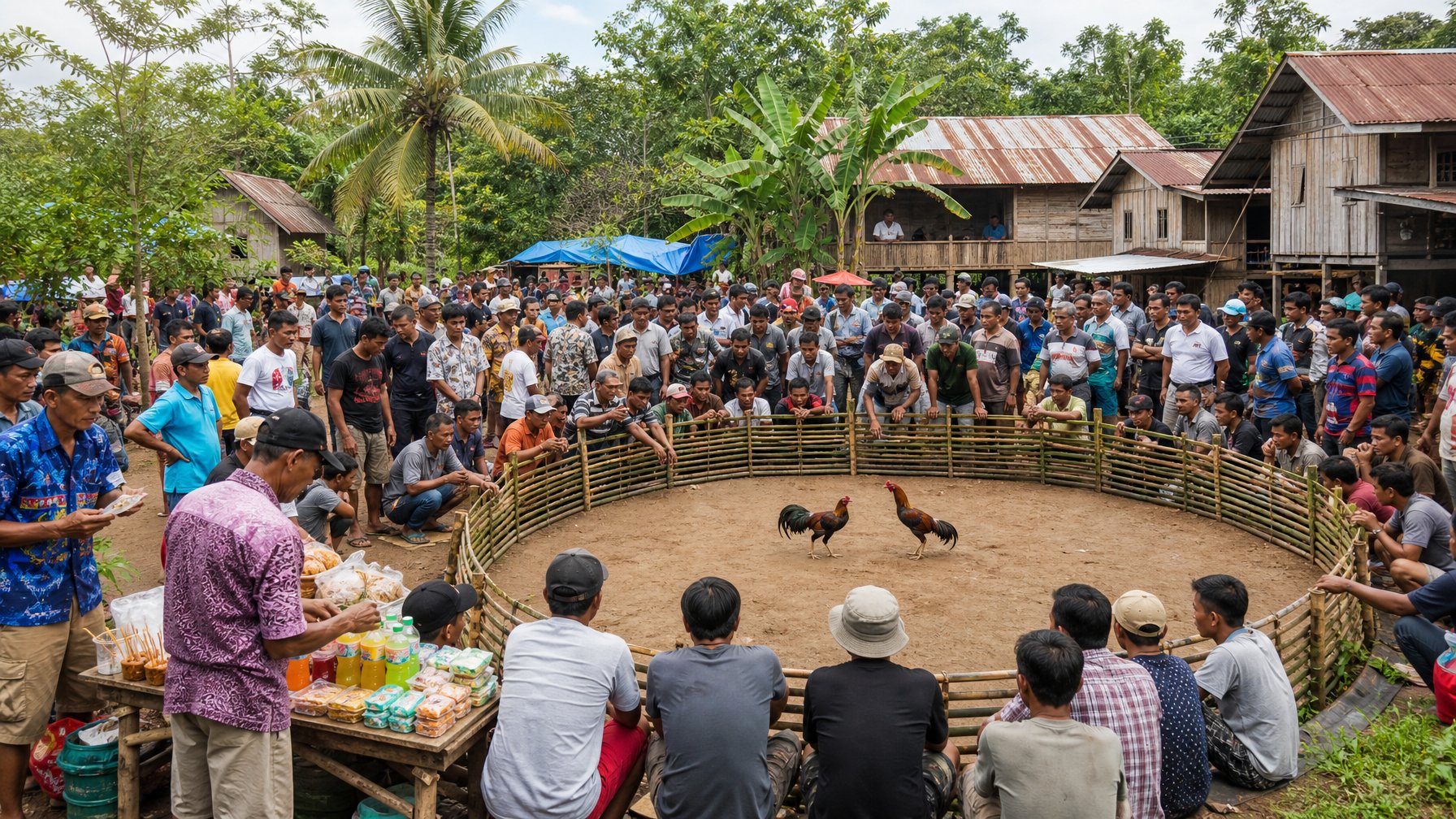 Kerumunan orang di desa Indonesia sedang menyaksikan pertarungan ayam jantan tradisional dengan suasana ramai dan aktivitas ekonomi sekitar.