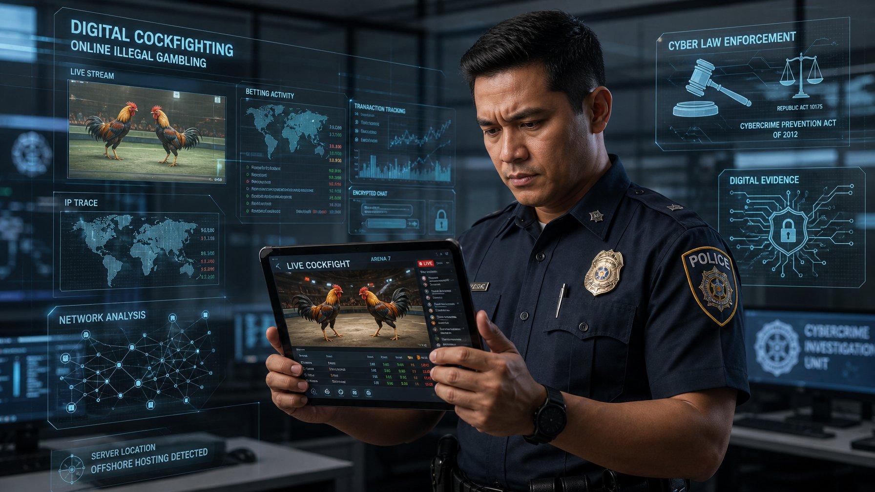Seorang petugas penegak hukum memeriksa tablet digital dengan gambar ayam aduan virtual di kantor modern.