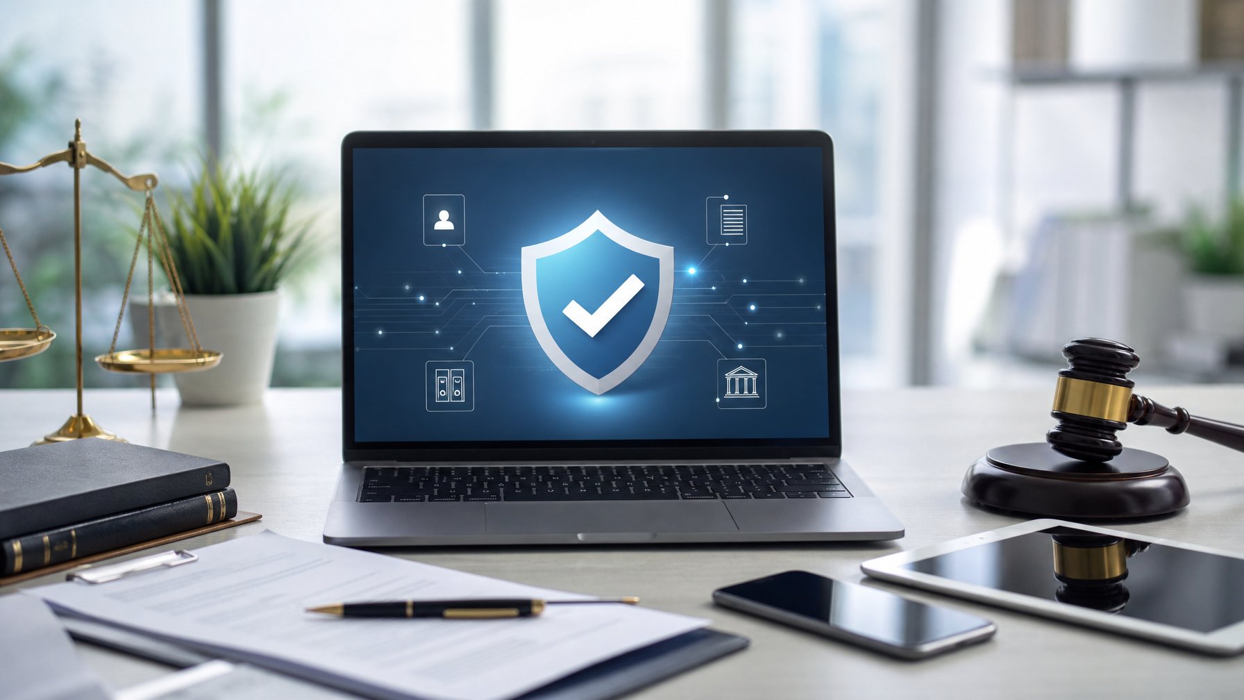 Sebuah laptop di meja kerja menampilkan ikon tanda centang terverifikasi, diselingi oleh perangkat digital dan dokumen, menggambarkan konsep verifikasi dan legalitas layanan online.