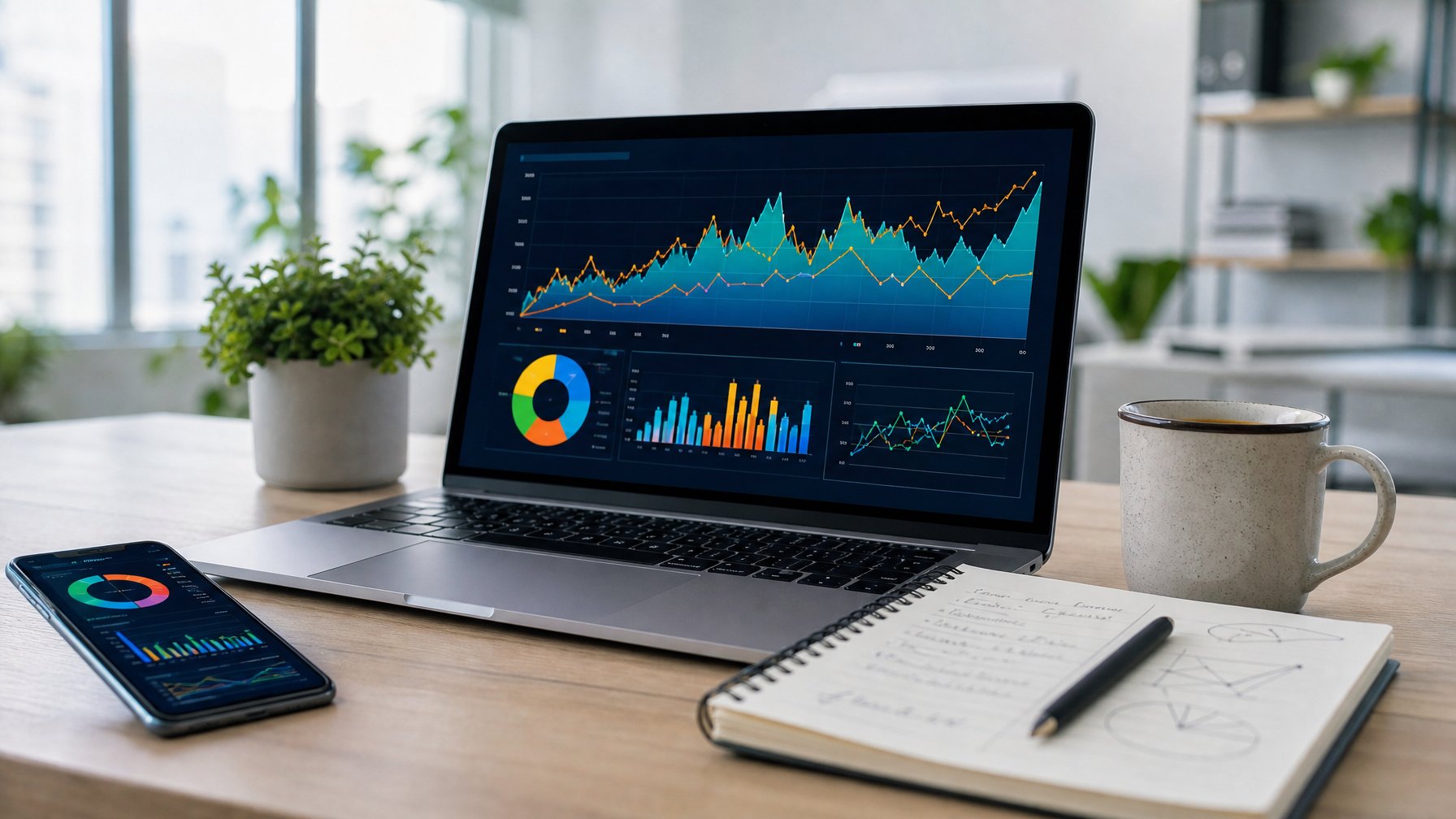 Sebuah ruang kerja modern dengan laptop yang menampilkan grafik dan diagram tren pencarian, dikelilingi oleh alat analisis seperti ponsel dan catatan buku di atas meja.
