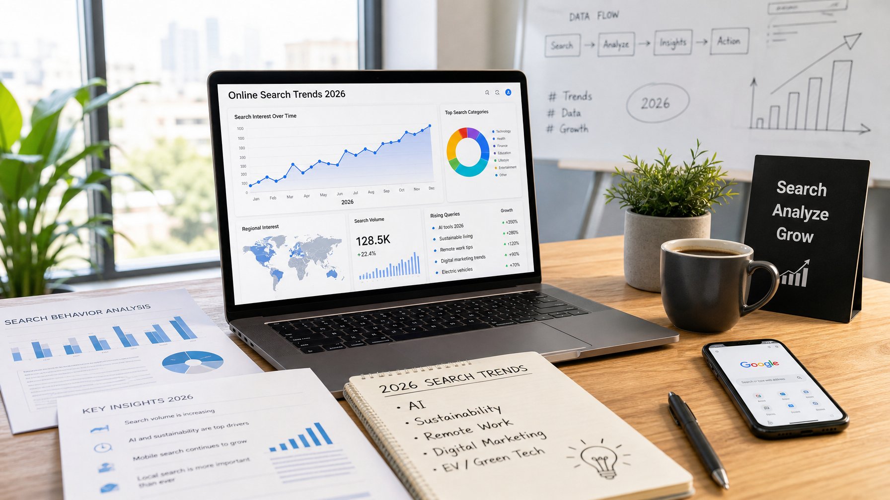 Seorang profesional sedang bekerja di meja dengan laptop yang menampilkan grafik tren pencarian dan dokumen terkait, di ruang kantor yang terang dengan tanaman hijau.