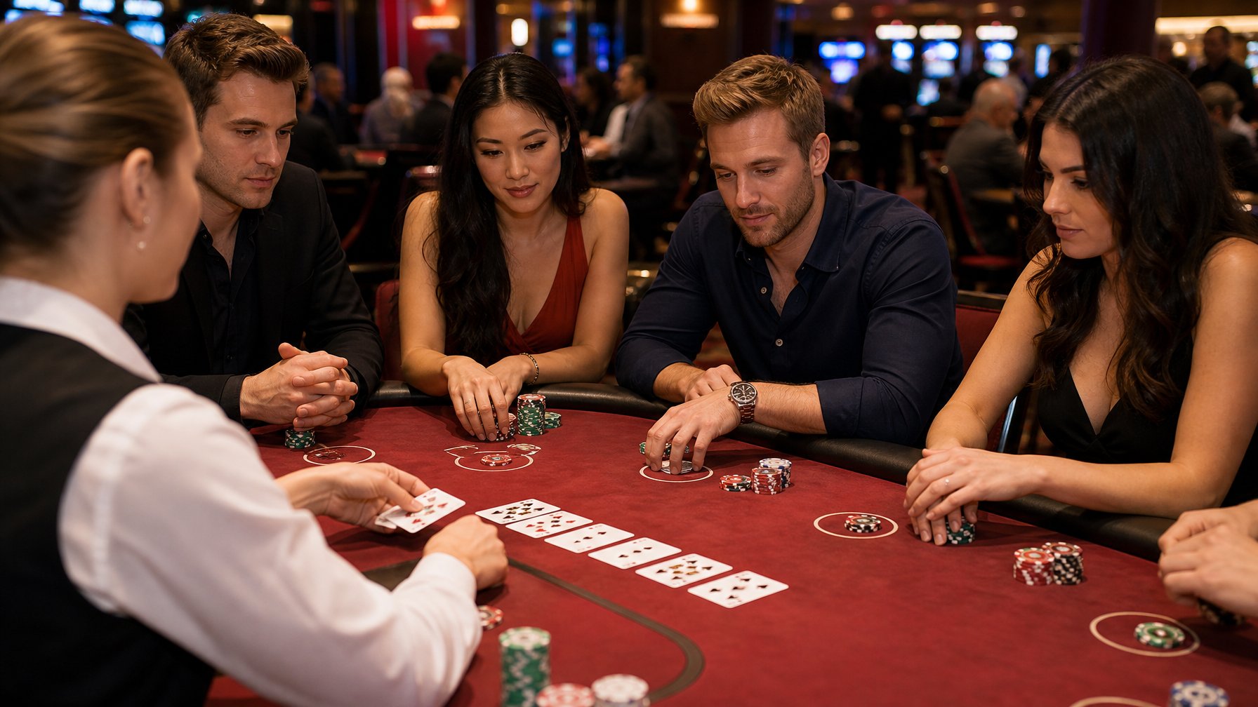 Meja kasino dengan dealer membagikan kartu Red Dog Poker kepada pemain yang fokus bermain.