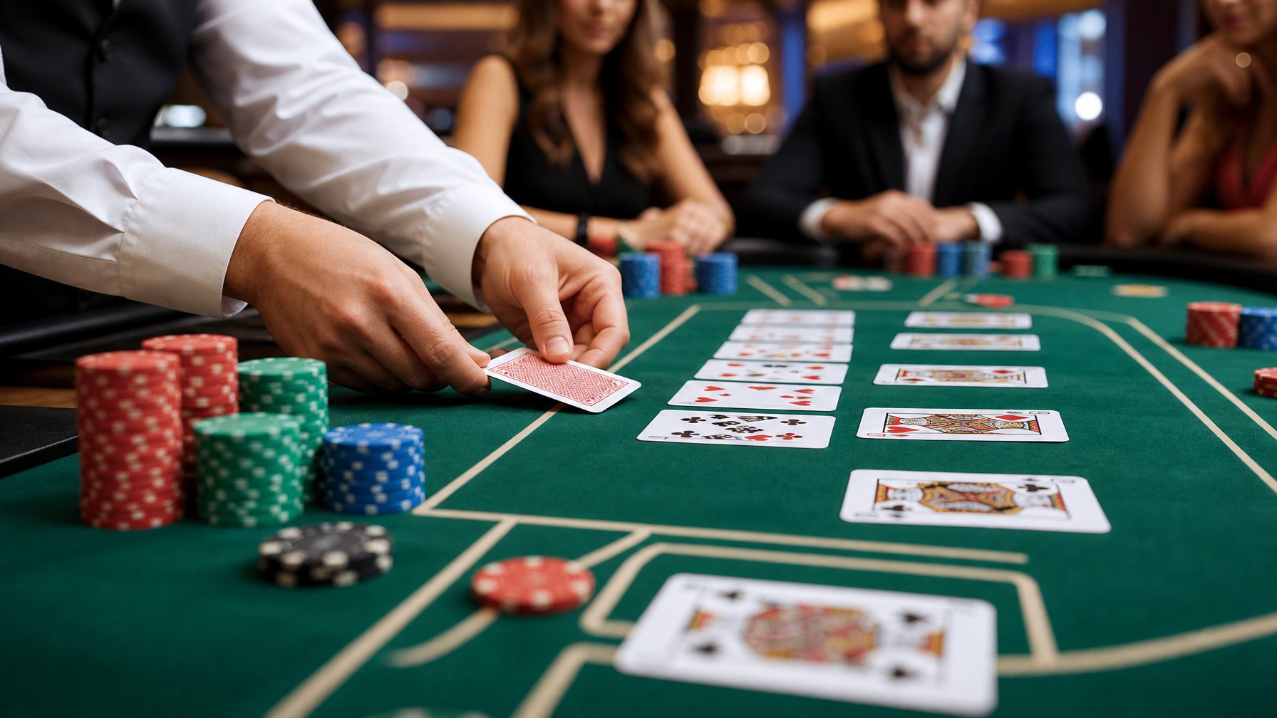 Meja kasino dengan kartu dan chip poker, dealer membagikan kartu kepada pemain yang sedang memperhatikan permainan Red Dog Poker.