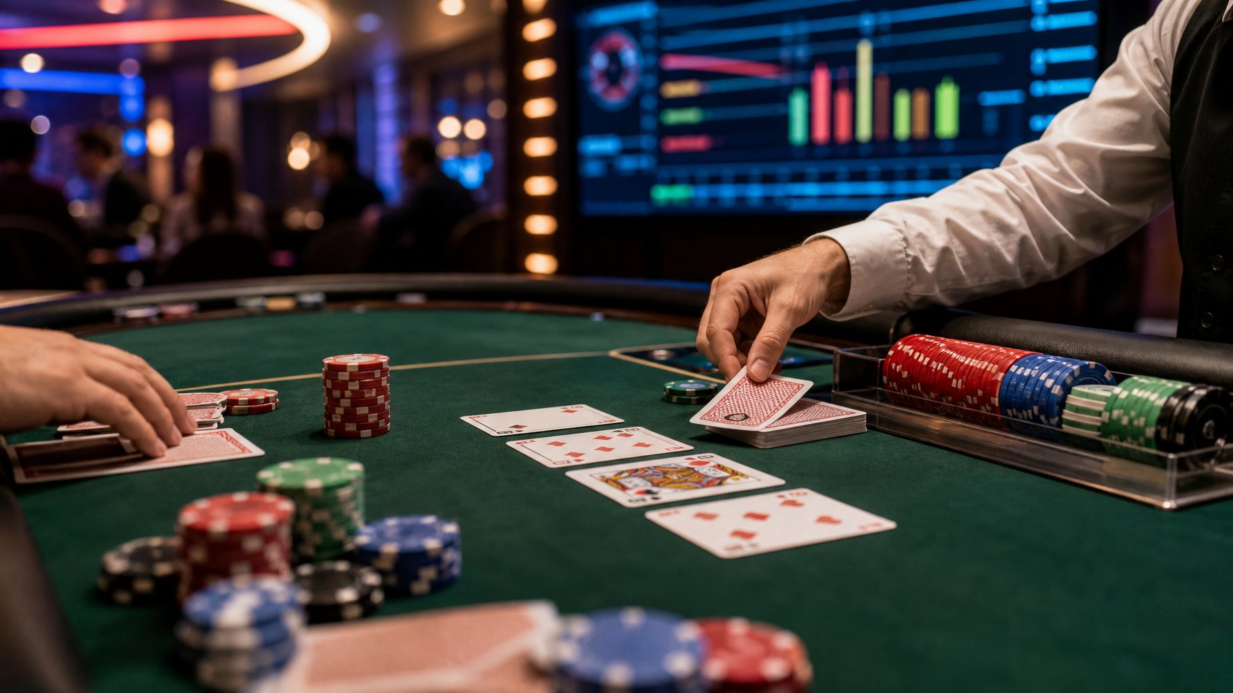Meja poker dengan kartu dan tumpukan chip, seorang dealer sedang membagikan kartu di kasino.