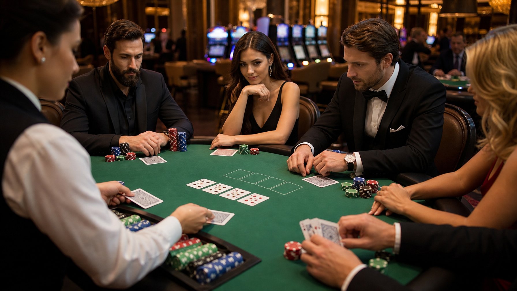 Meja poker dengan kartu dan chip warna-warni, dealer membagikan kartu, suasana kasino yang elegan dan ramai.