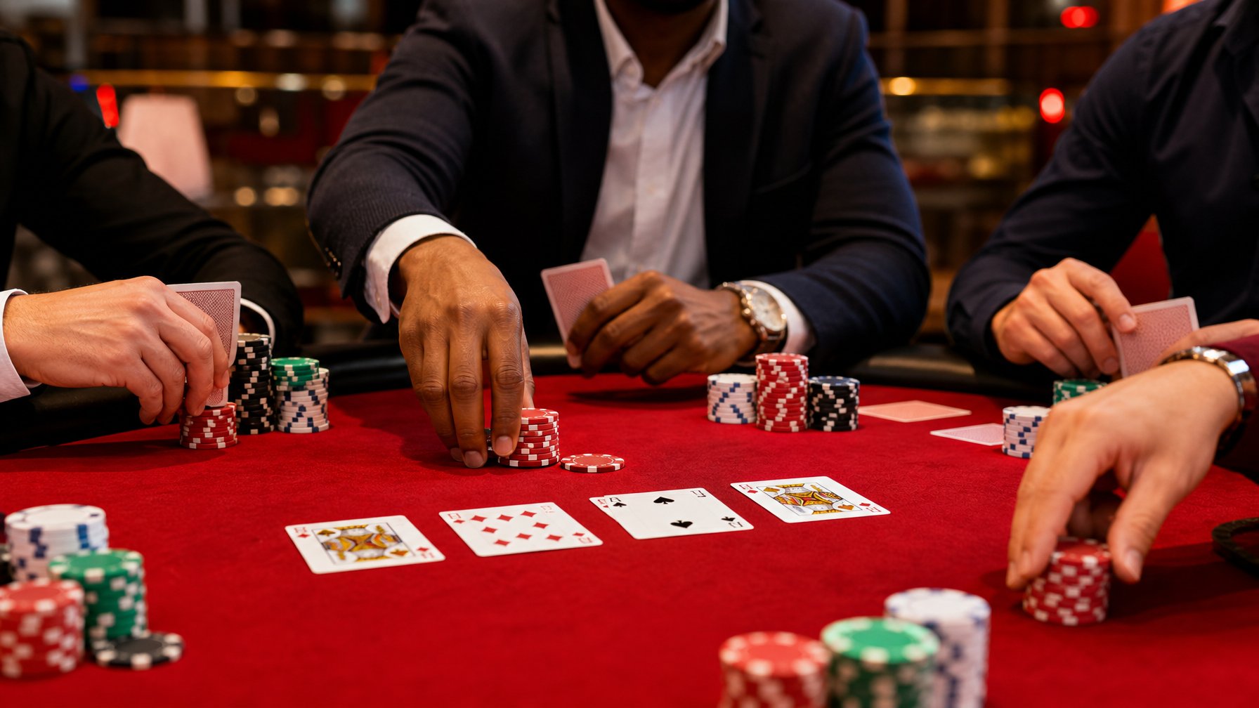 Meja poker dengan kartu dan chip merah, tangan pemain sedang melakukan raise, call, dan spread dalam permainan.