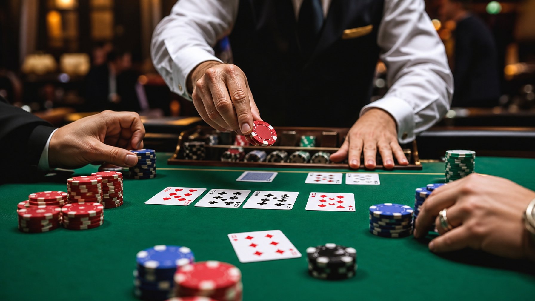 Meja poker dengan kartu dan chip, seorang dealer sedang melakukan aksi dalam permainan Red Dog Poker di kasino.