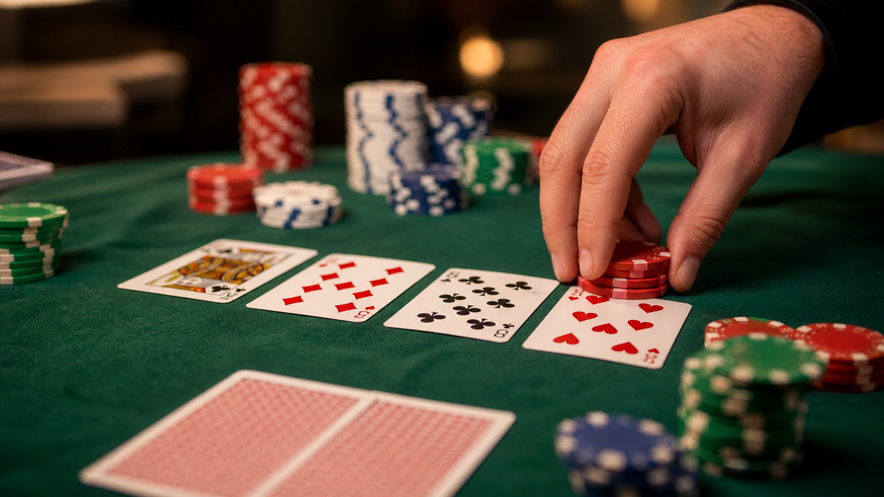 Meja poker dengan kartu dan tumpukan chip, tangan dealer sedang memasang taruhan.