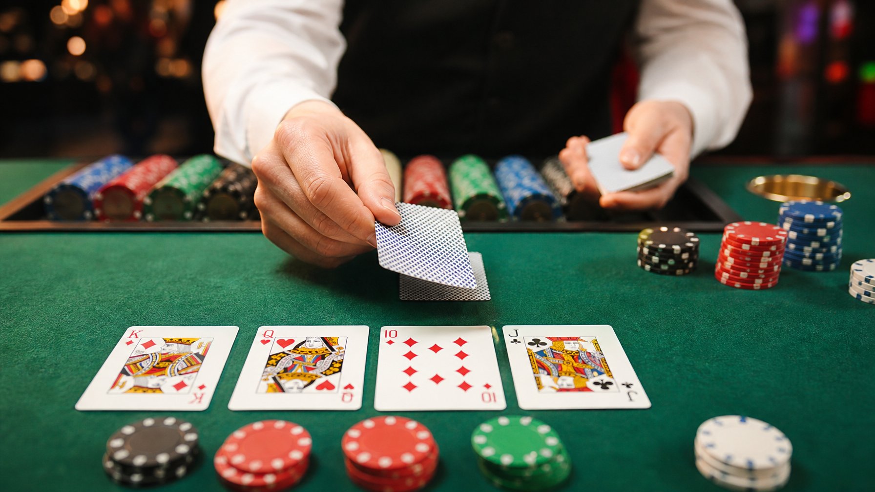 Meja kasino dengan kartu dan chip poker sedang digunakan untuk permainan Red Dog Poker.