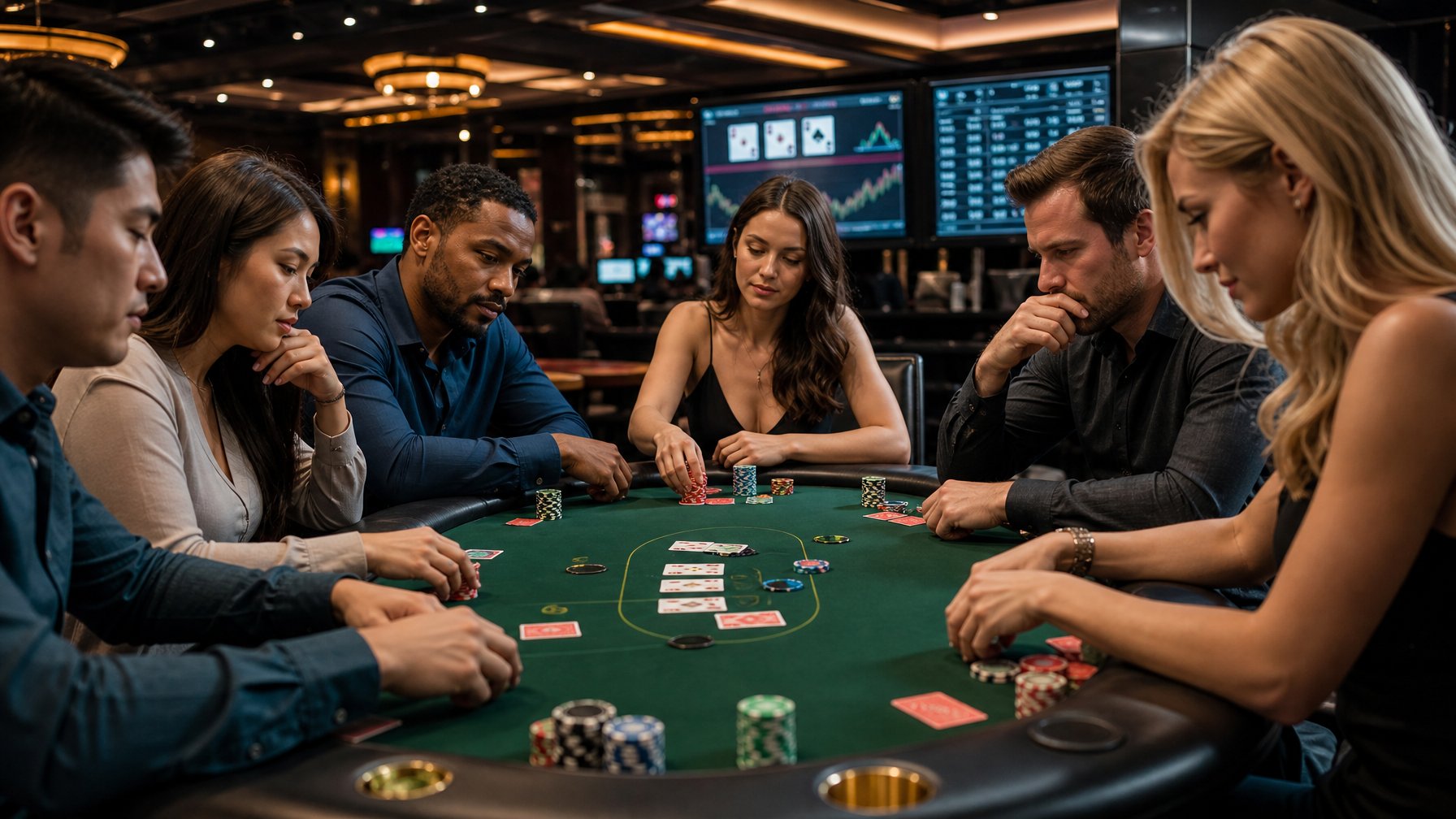 Beberapa orang bermain poker Red Dog di meja kasino dengan ekspresi fokus dan suasana serius.