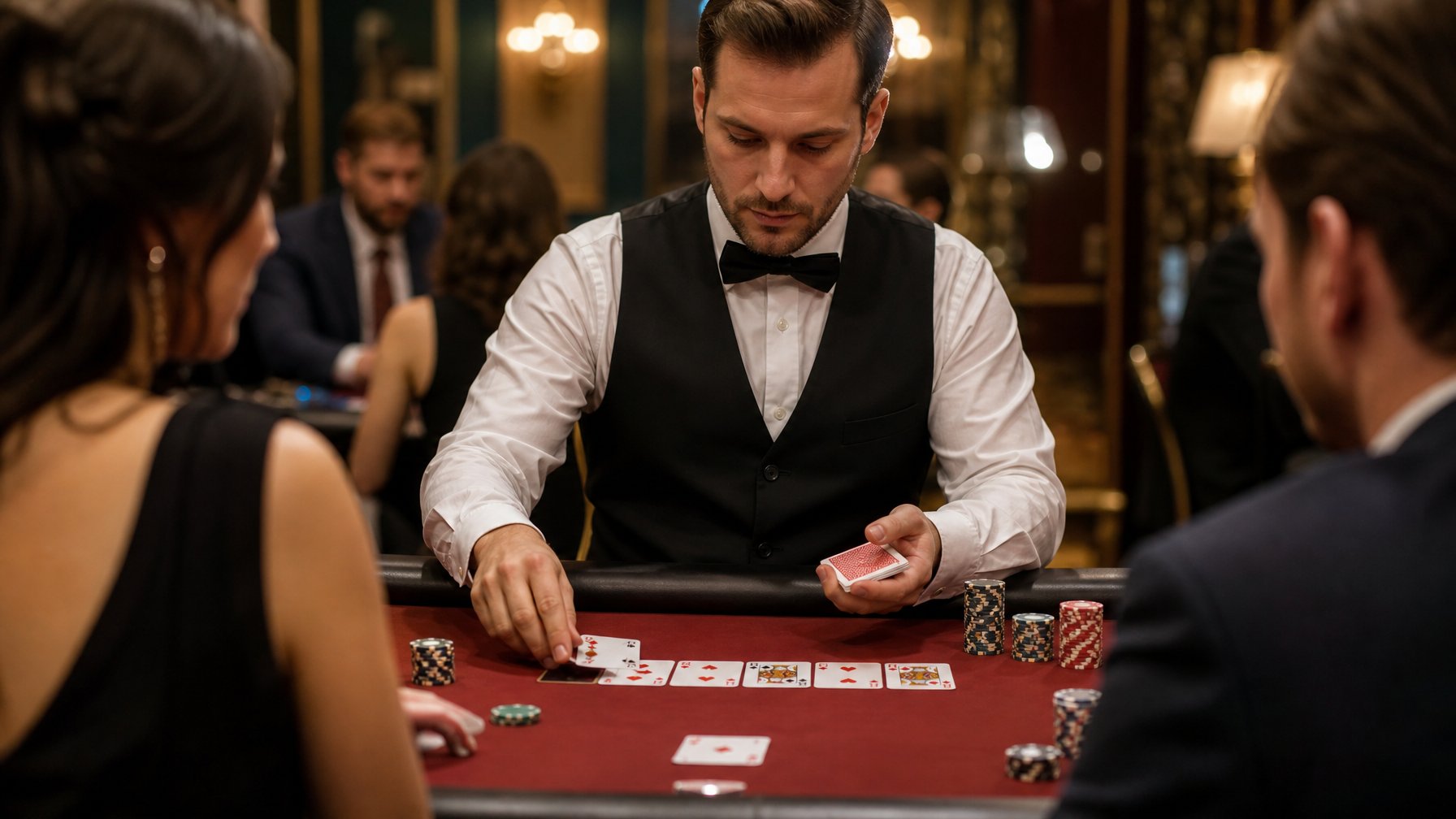Seorang dealer berpakaian rapi sedang mengelola meja poker dengan kartu dan chip di kasino yang elegan.
