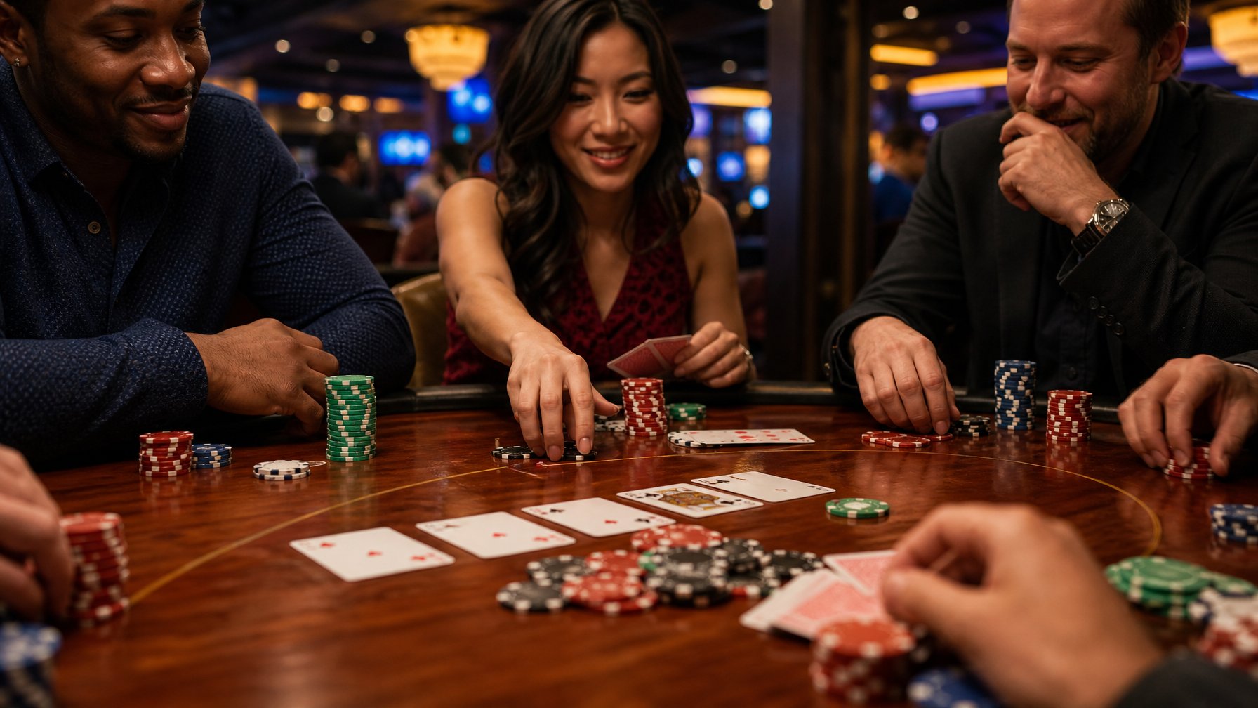 Meja poker dengan kartu dan chip warna-warni, tangan pemain sedang bermain dan bertaruh dalam suasana kasino.