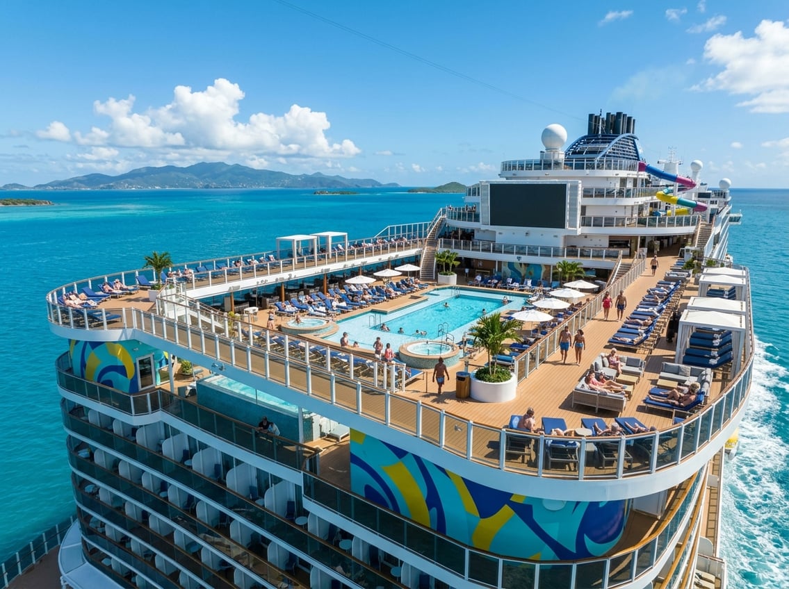 Cruise ship deck with sun loungers, outdoor seating, and ocean views under a clear blue sky.