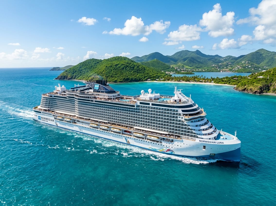 A large cruise ship sailing near tropical islands with clear blue water and palm trees.