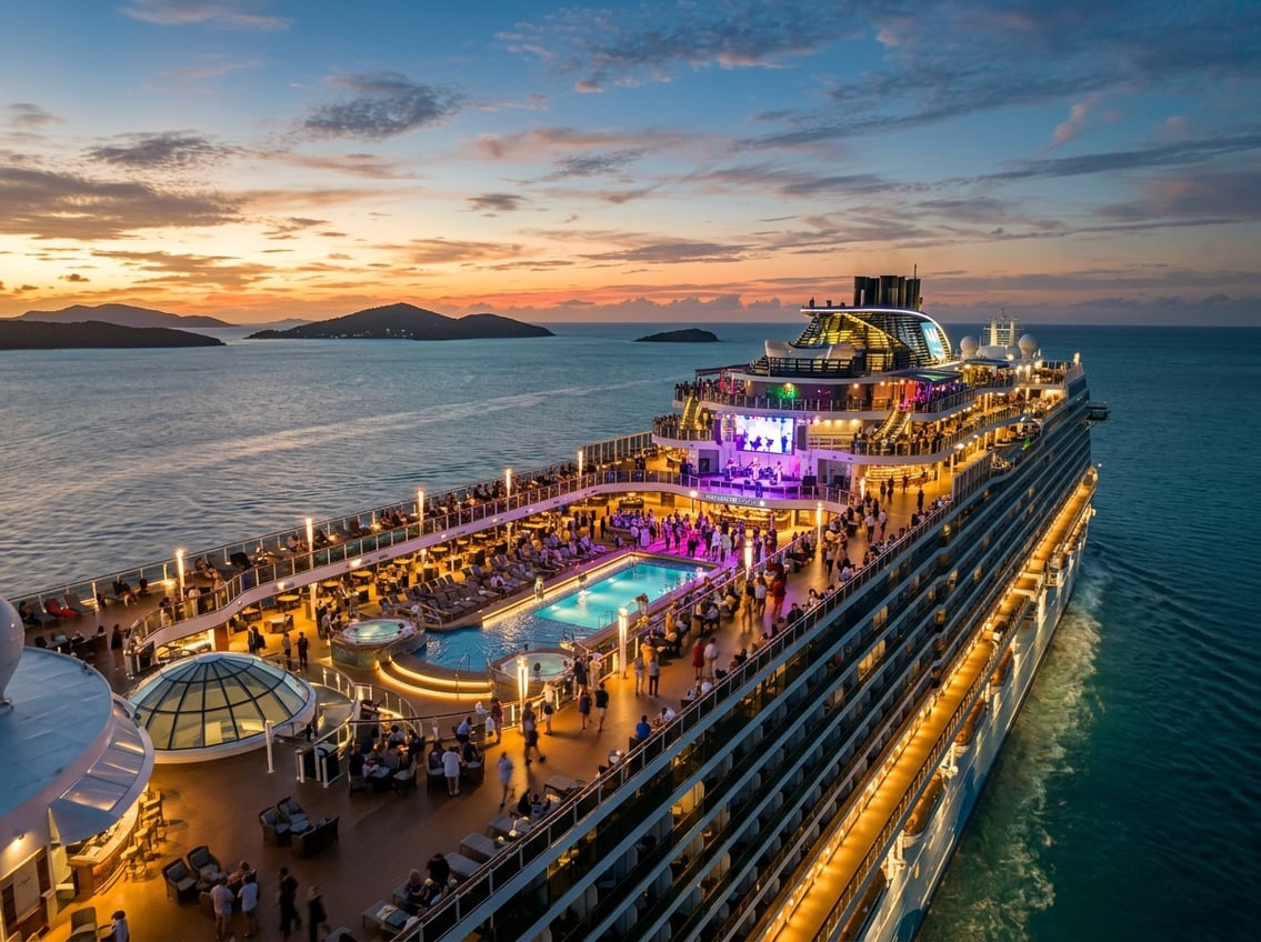 A large modern cruise ship sailing on calm turquoise waters at sunset with people enjoying outdoor decks and pools, set against a tropical island background.