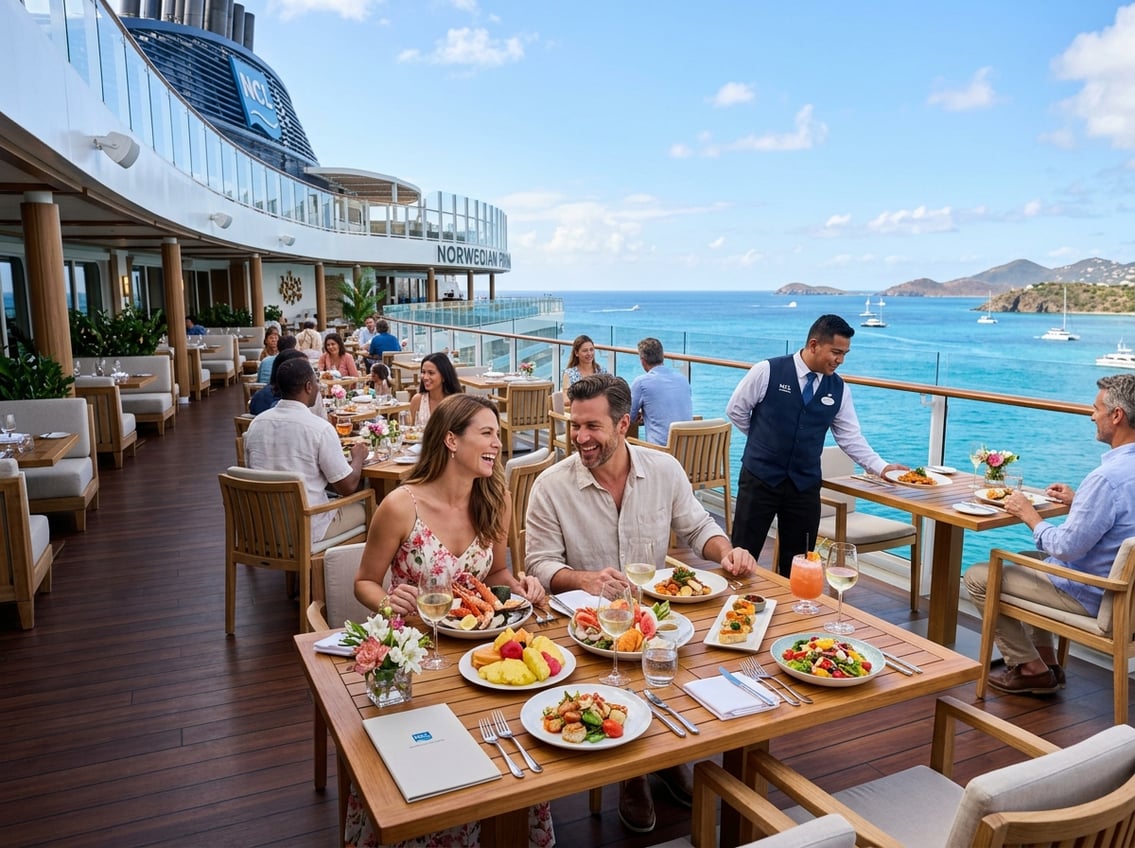 Outdoor dining area on a cruise ship deck with people enjoying meals overlooking the turquoise Caribbean sea under a sunny sky.