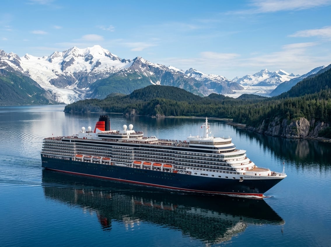 A large cruise ship sailing through calm waters surrounded by snow-capped mountains and forests in Alaska.