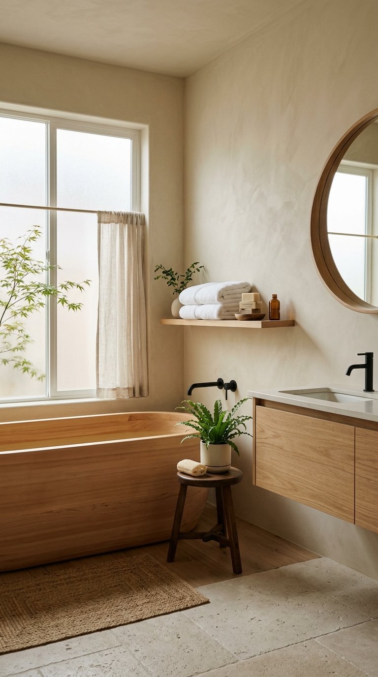 A calm bathroom with a wooden bathtub, a small plant on a stool, light stone floor, and soft natural light coming through a window.