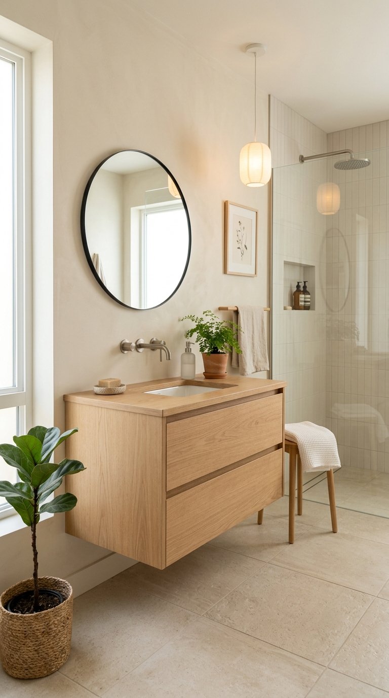 Bright and clean bathroom with wooden vanity, round mirror, plants, and natural light.