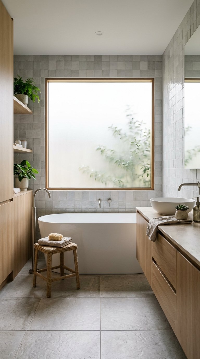 A bathroom with wooden cabinets, stone countertops, a freestanding bathtub, natural light, and potted plants.