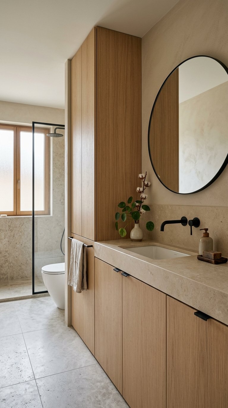 A serene bathroom with light wood storage cabinets, stone countertops, a small green plant, and soft natural light coming through a frosted window.