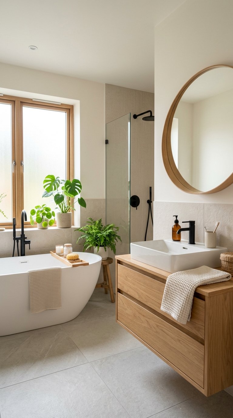 A bathroom with a wooden vanity, white sink, round mirror, freestanding bathtub, potted plants, and soft natural light.