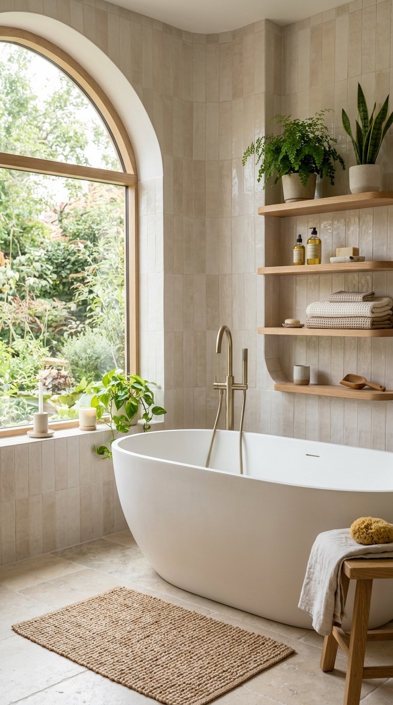 A bright bathroom with a rounded bathtub, wooden shelves with plants, and soft natural lighting.