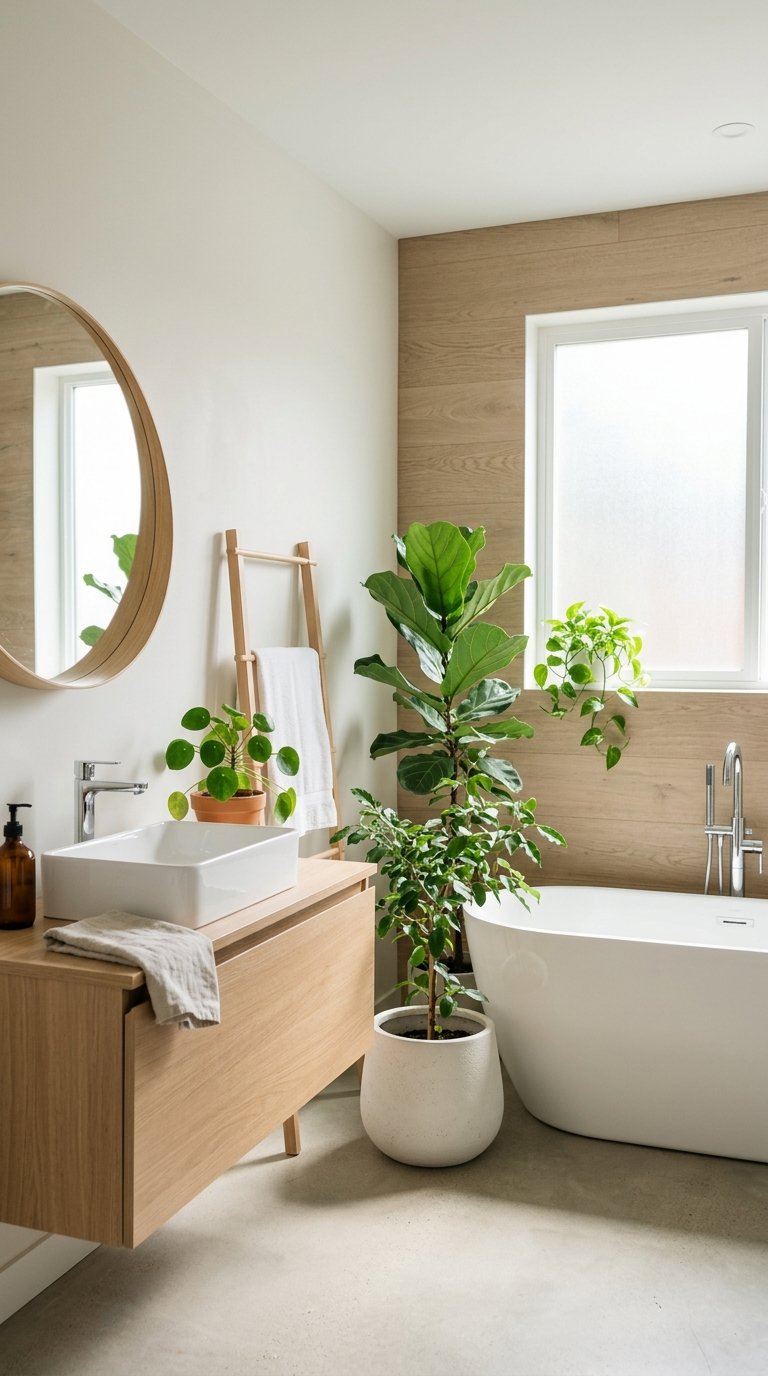 A bright bathroom with simple green plants near the sink and bathtub, featuring light wooden accents and clean white surfaces.