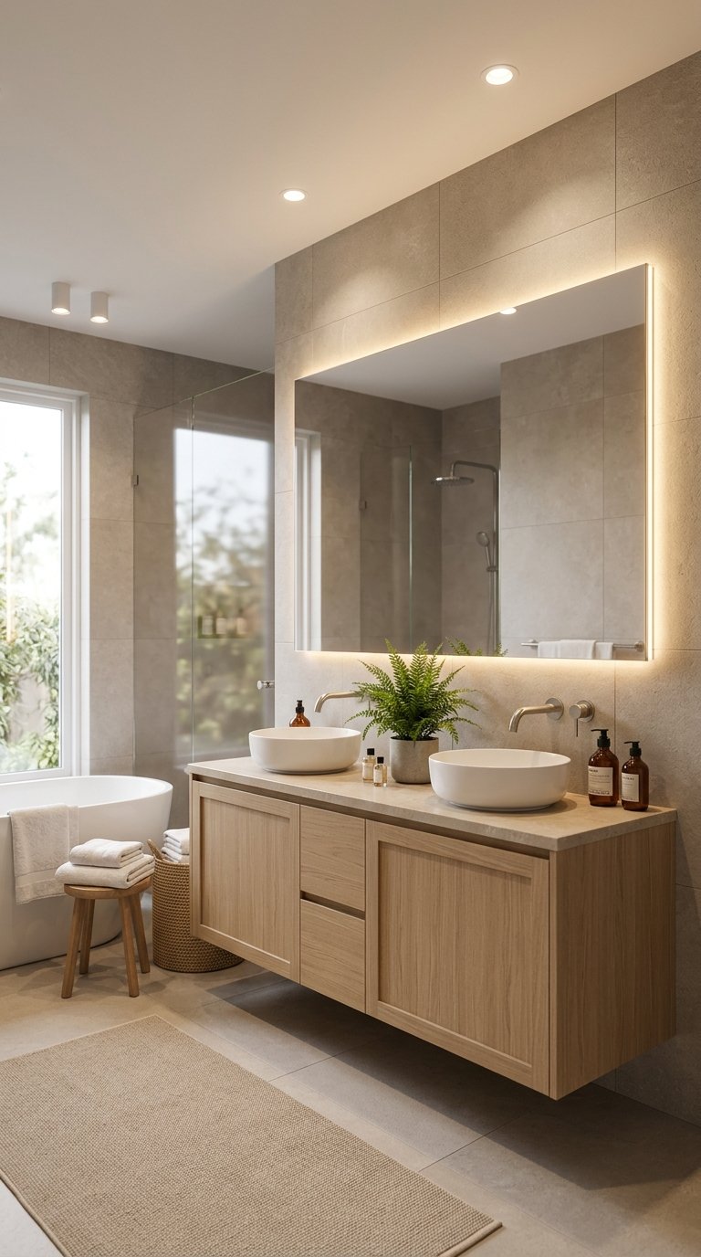 A modern bathroom with layered lighting, wooden vanity, white sink, bathtub, and soft warm lighting creating a calm atmosphere.